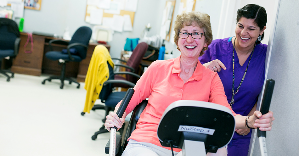 senior living resident uses fitness center