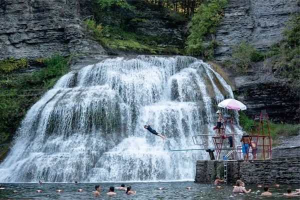 Ithaca area waterfall with swimmers