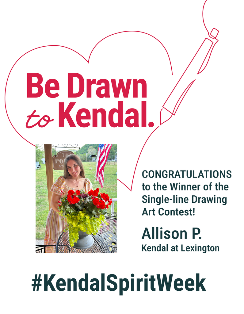 A woman holds a flower pot, smiling. Text congratulates her as the winner of an art contest during Kendal Spirit Week.